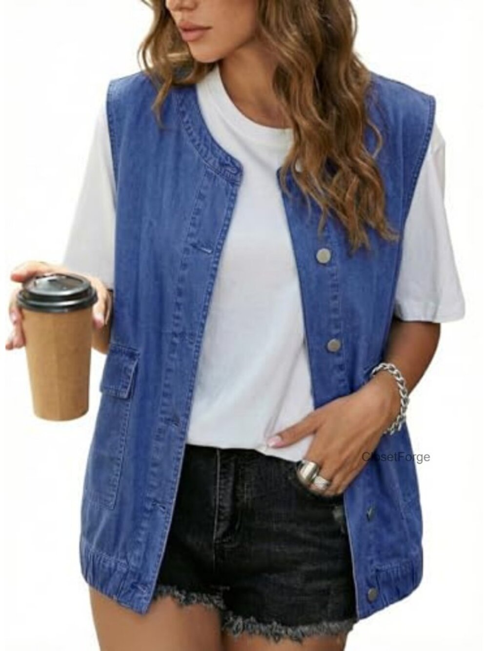 Sleeveless Denim Vest Button Down Jean Vest with Pockets Casual